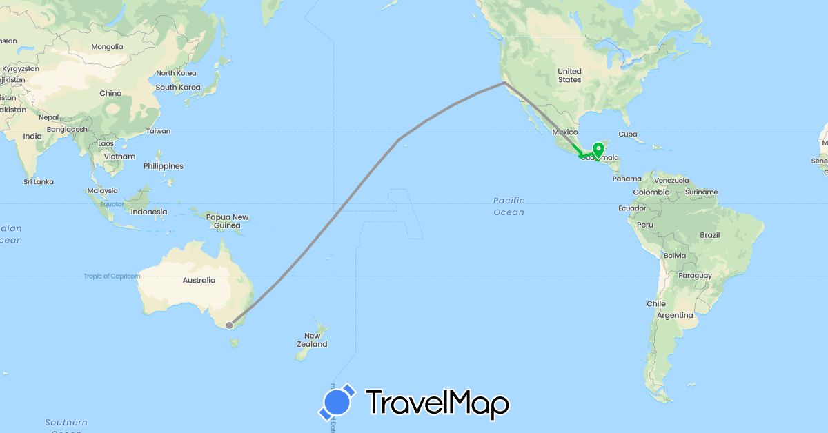 TravelMap itinerary: driving, bus, plane, train, hiking in Australia, Guatemala, Mexico, United States (North America, Oceania)